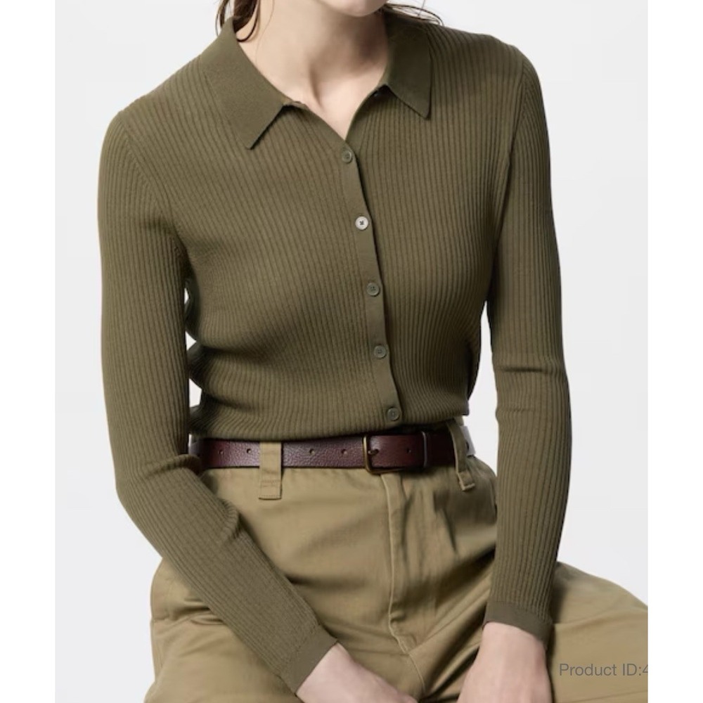 Uniqlo Olive Green Ribbed Button-Down Polo Shirt